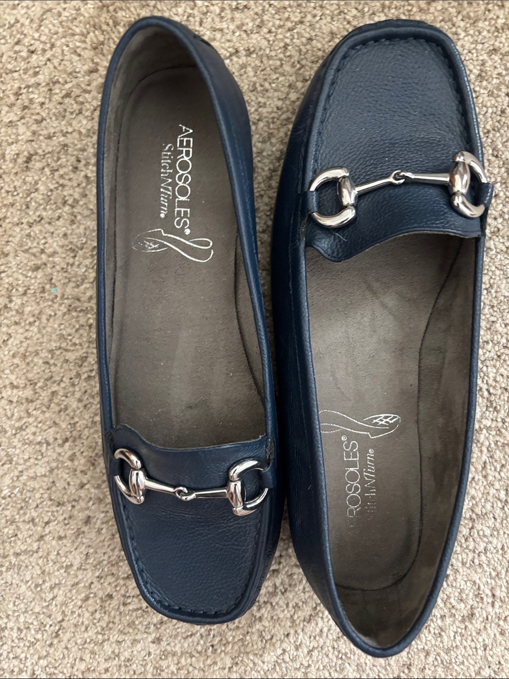NEW AEROSOLES StitchNTurn - Navy Leather Bit Loafers with Silver Hardware